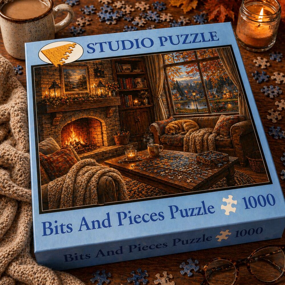 Free w bundle of 2* 1000 Piece Jigsaw Puzzle Cozy Village Street Scene Complete